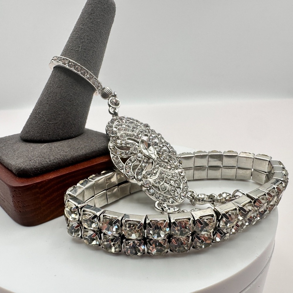 Vintage 90s Silver Tone Rhinestone Slave Bracelet Women's Classic Jewelry